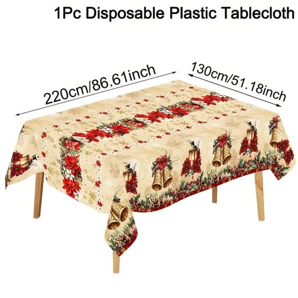 51x87in Elegant Disposable Red Poinsettia Floral Plastic Christmas Tablecloth - Picture 3 of 3